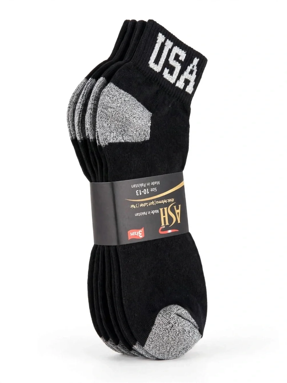 ASH Performance Men’s Black USA Ankle Socks - Gray Heel & Toe 12PACK